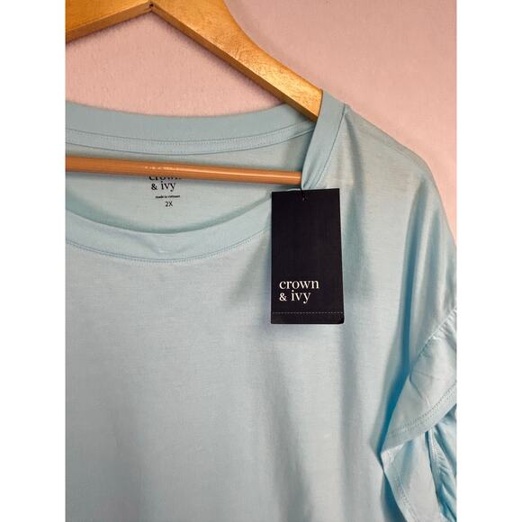 Crown & Ivy Ruffle Sleeve Blue T-shirt Top 2X Casual - Picture 4 of 10